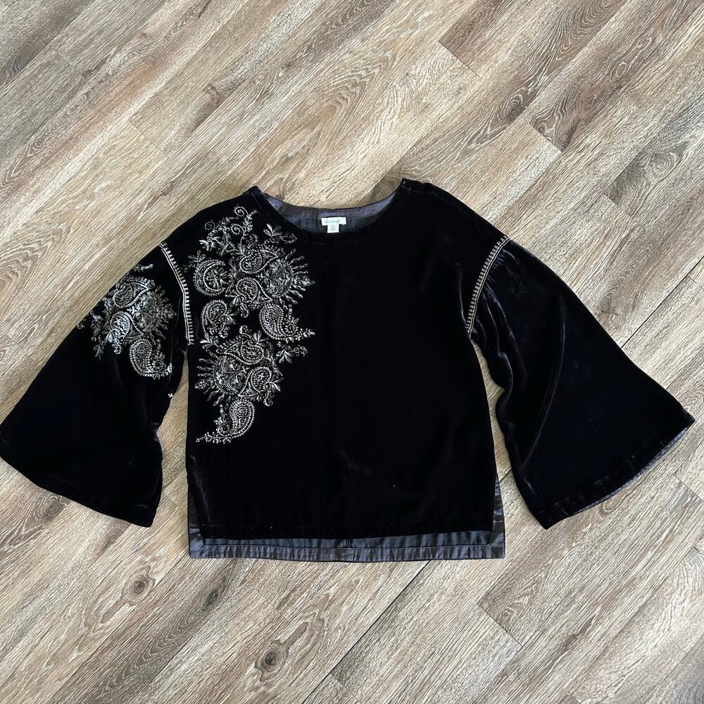 Sundance Size XS Velvet Boho Paisley Blouse Bell Sleeves silk blend​